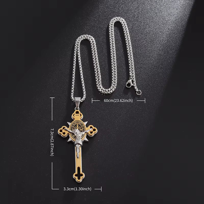 Stainless Steel St. Benedict Cross Necklace Pendant for Men and Women - Catholic Religious Amulet Jewelry