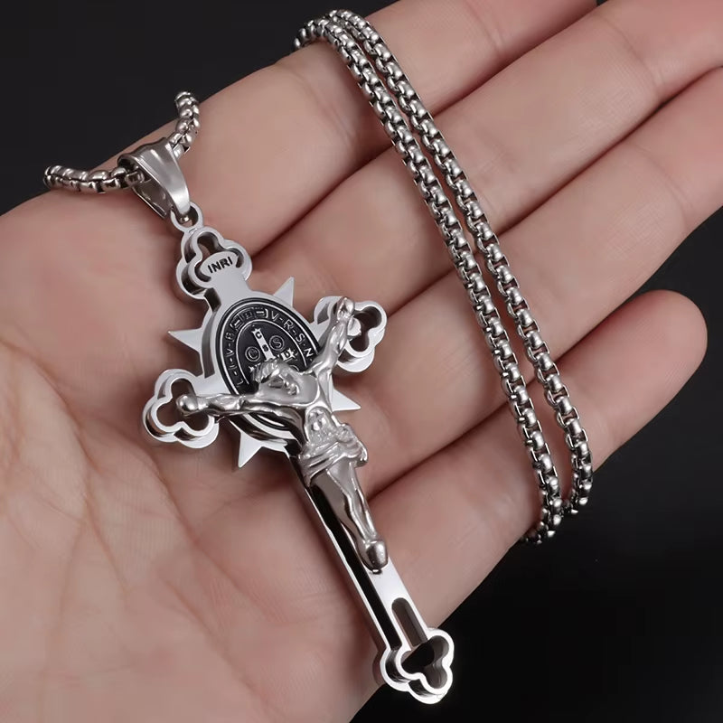 Stainless Steel St. Benedict Cross Necklace Pendant for Men and Women - Catholic Religious Amulet Jewelry