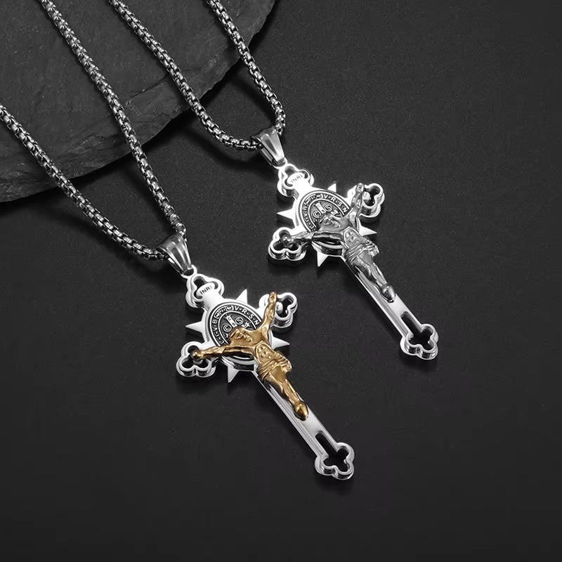 Stainless Steel St. Benedict Cross Necklace Pendant for Men and Women - Catholic Religious Amulet Jewelry