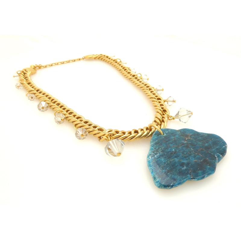 Elegant Rainy Day Blue Apatite Necklace with Vintage Gold Plated Chain and Crystal Accents