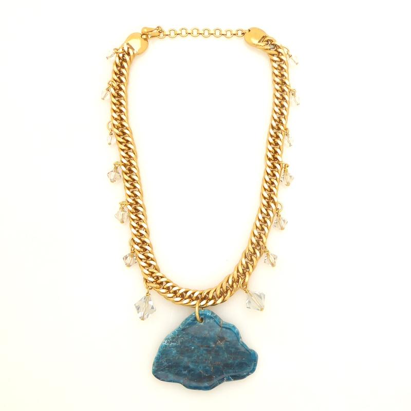 Elegant Rainy Day Blue Apatite Necklace with Vintage Gold Plated Chain and Crystal Accents