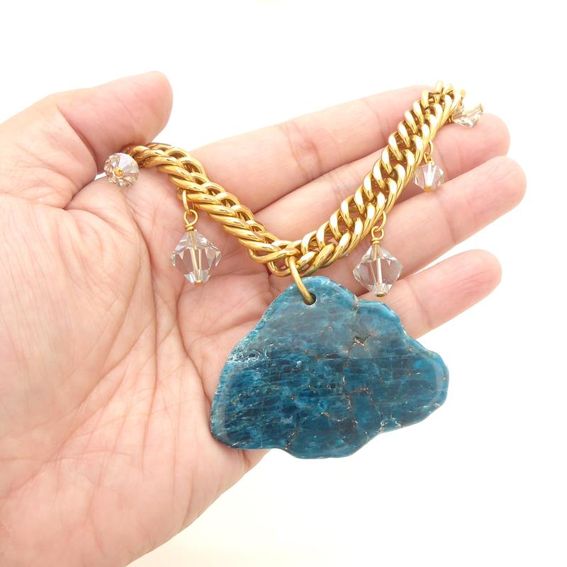 Elegant Rainy Day Blue Apatite Necklace with Vintage Gold Plated Chain and Crystal Accents