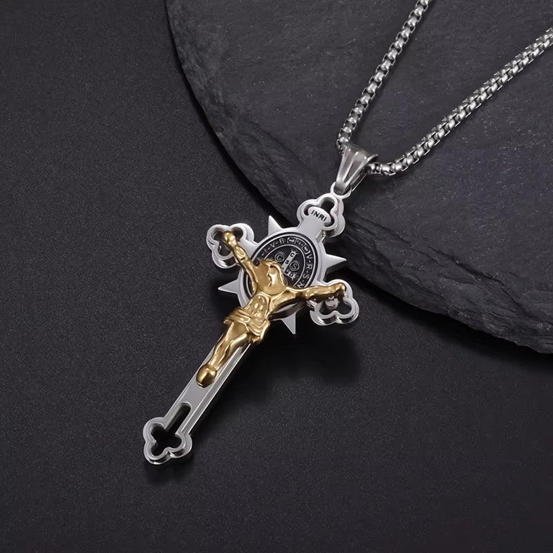 Stainless Steel St. Benedict Cross Necklace Pendant for Men and Women - Catholic Religious Amulet Jewelry
