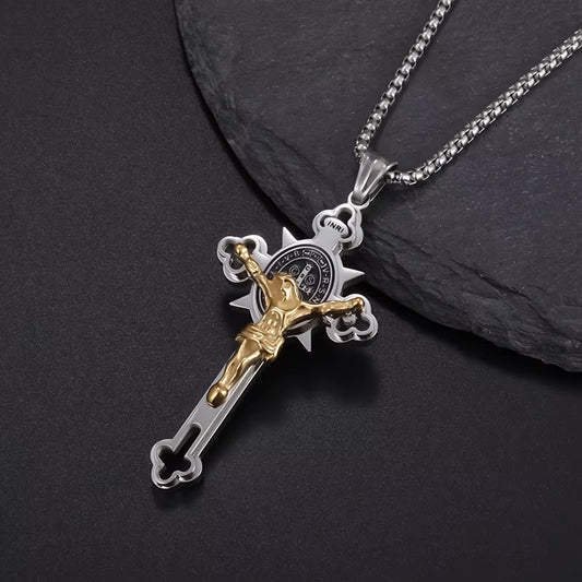 Stainless Steel St. Benedict Cross Necklace Pendant for Men and Women - Catholic Religious Amulet Jewelry