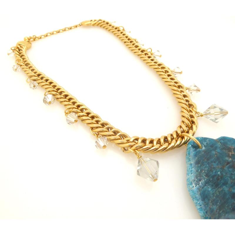 Elegant Rainy Day Blue Apatite Necklace with Vintage Gold Plated Chain and Crystal Accents