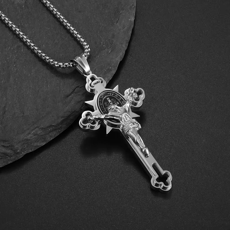 Stainless Steel St. Benedict Cross Necklace Pendant for Men and Women - Catholic Religious Amulet Jewelry