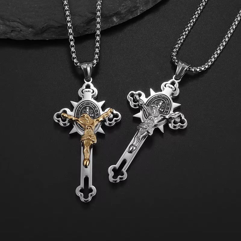 Stainless Steel St. Benedict Cross Necklace Pendant for Men and Women - Catholic Religious Amulet Jewelry