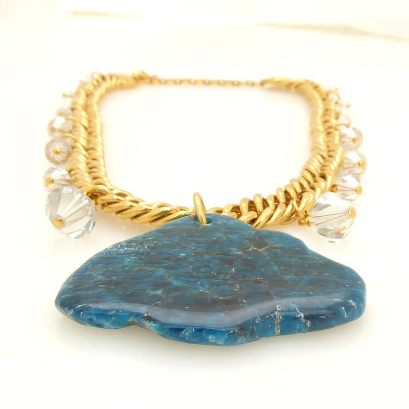 Elegant Rainy Day Blue Apatite Necklace with Vintage Gold Plated Chain and Crystal Accents
