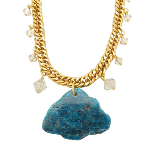 Elegant Rainy Day Blue Apatite Necklace with Vintage Gold Plated Chain and Crystal Accents
