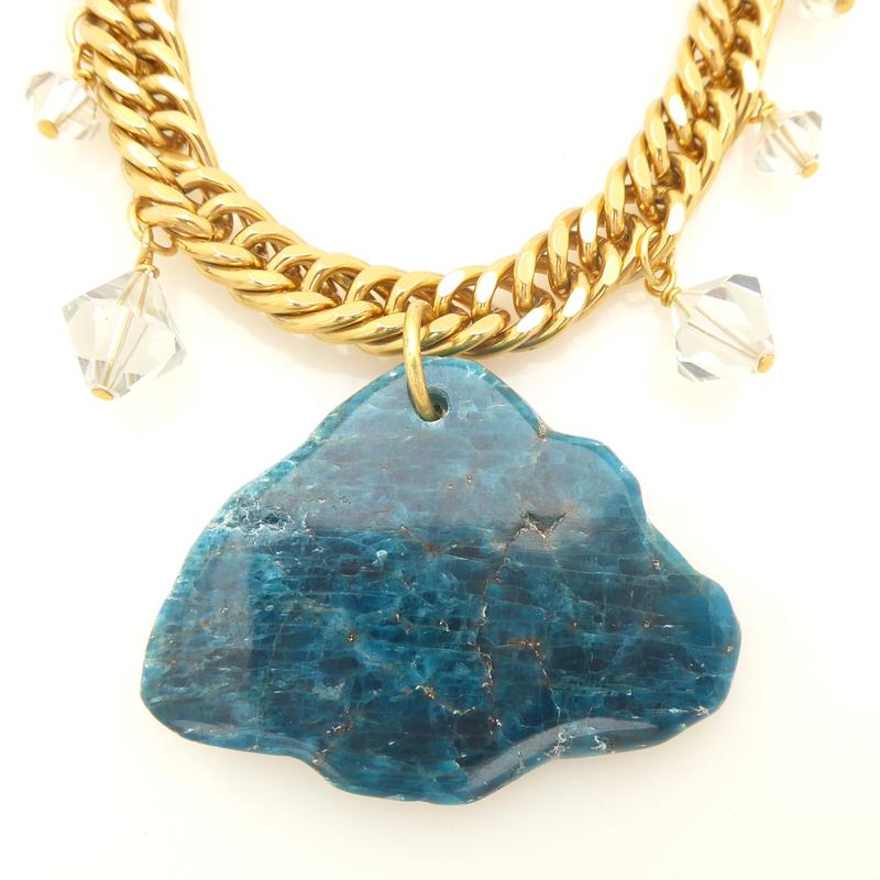 Elegant Rainy Day Blue Apatite Necklace with Vintage Gold Plated Chain and Crystal Accents